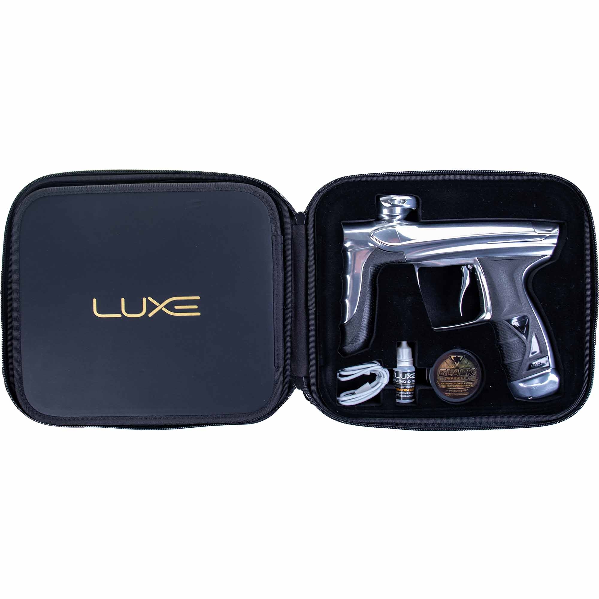 DLX Luxe® AIRE marker, polished white Paintball-Markierer, Chromfarben, Kunststoffgriff, Transportkoffer, Zubehörset