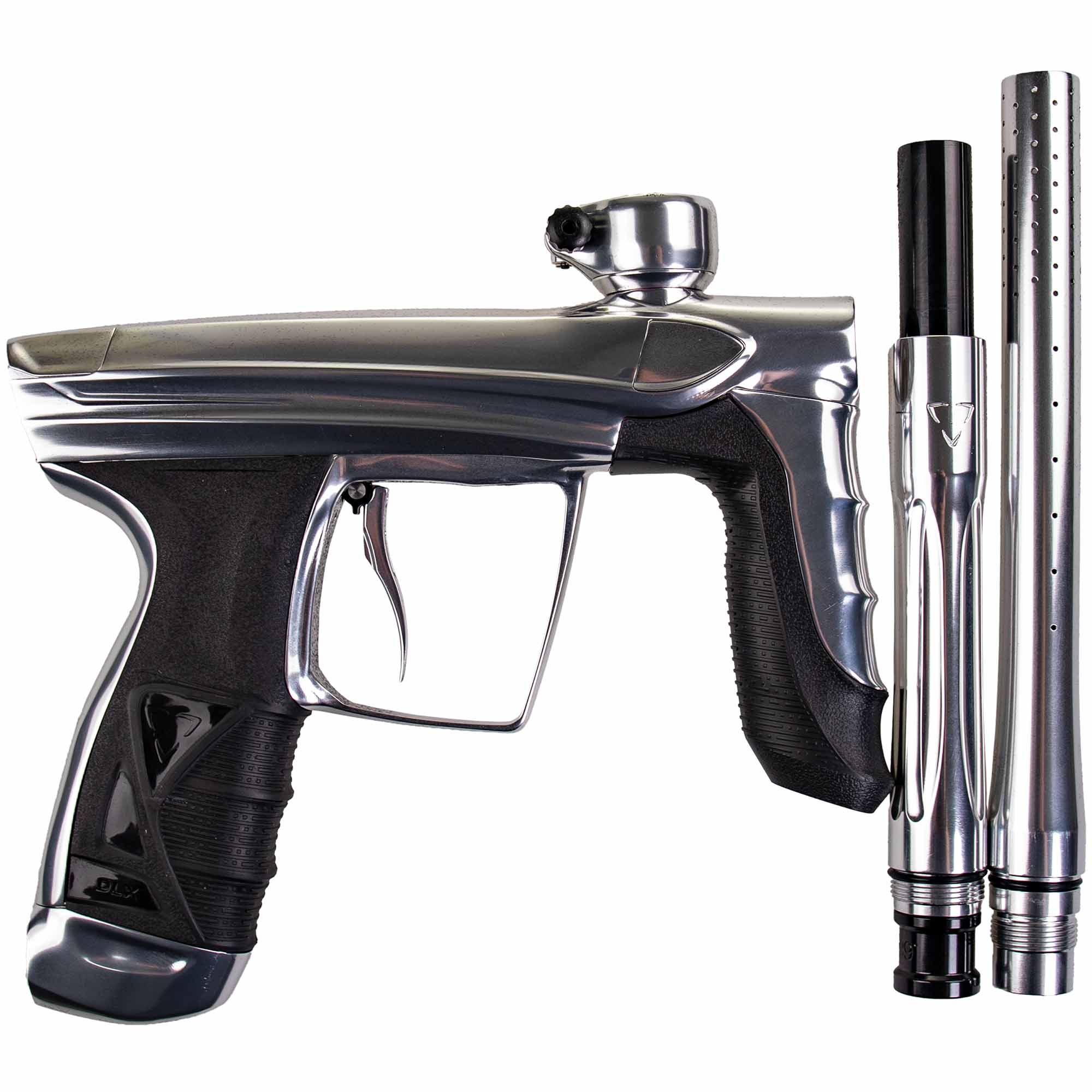 DLX Luxe® AIRE marker, polished white Paintball-Markierer, Silberfarbenes Metall, Schwarzer Griff, Abnehmbarer Lauf, Perforierter Lauf
