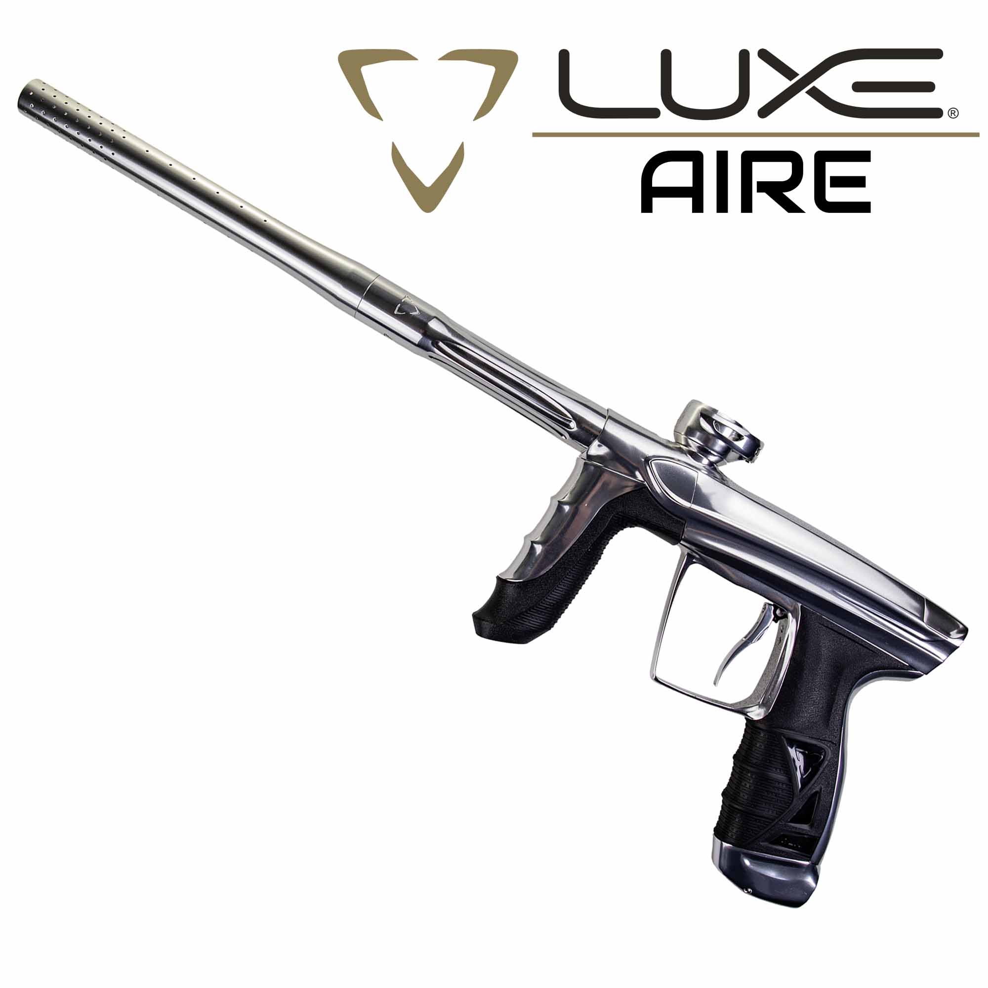 DLX Luxe® AIRE marker, polished white Paintball-Markierer, silberfarben, Metallgehäuse, schwarzer Griff, langer Lauf