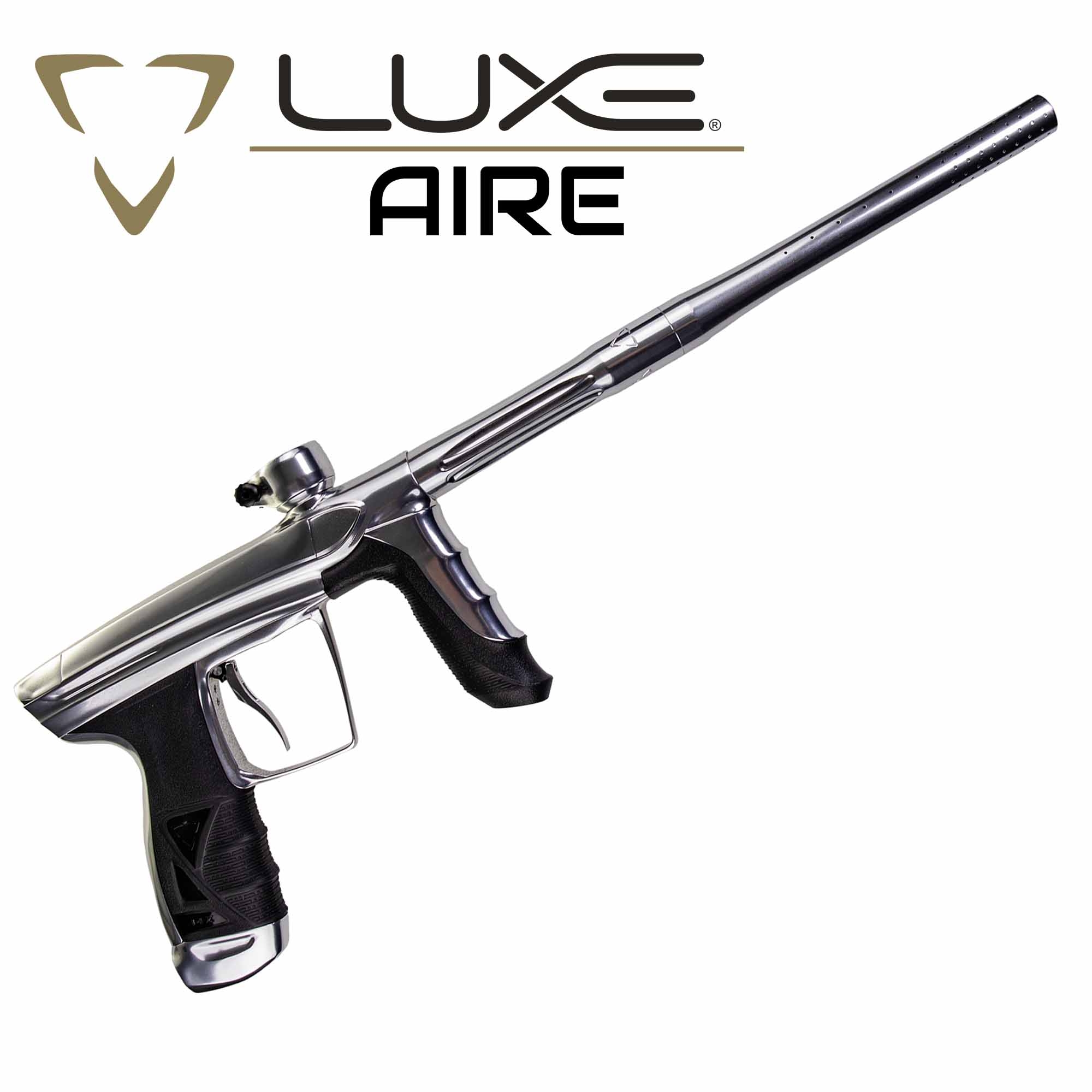 DLX Luxe® AIRE marker, polished white Paintball-Markierer, Metallgehäuse, Schwarz-silber, Ergonomischer Griff, Langer Lauf