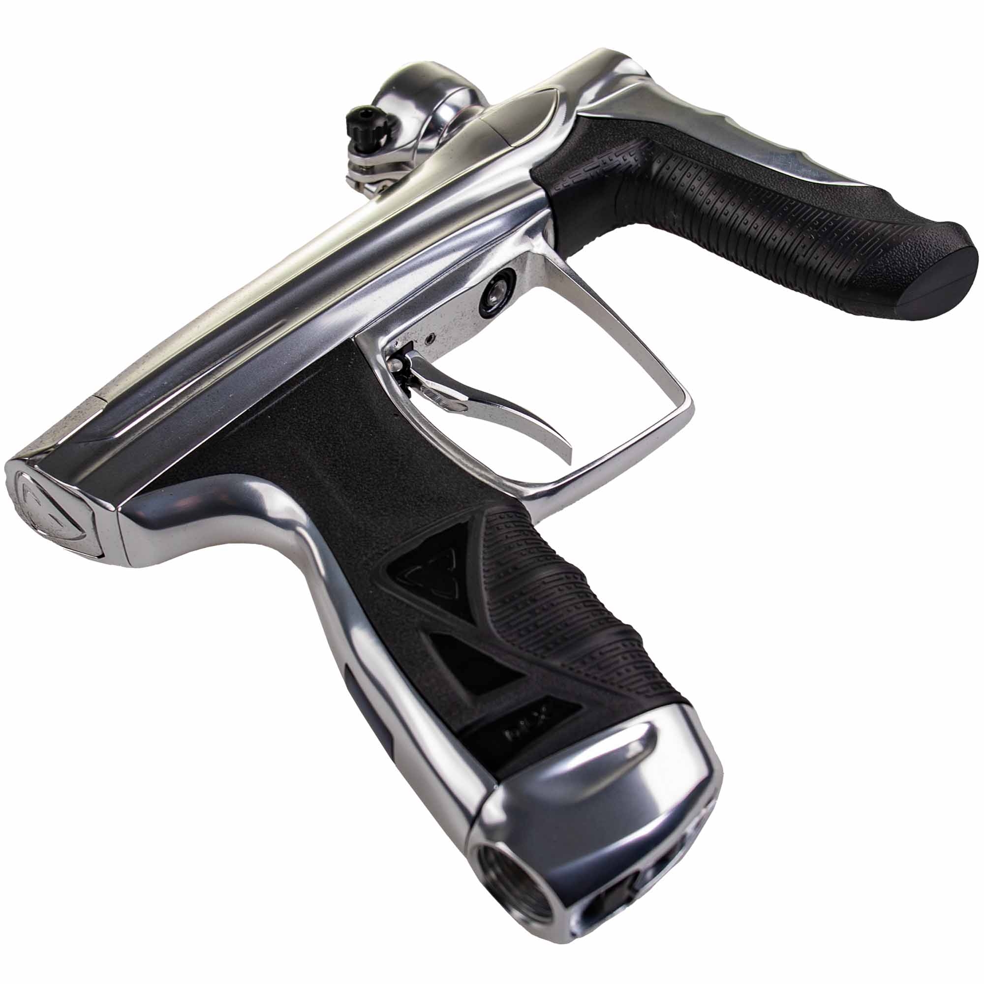 Paintball-Markierer, silberfarbenes Metall, schwarzer Griff, Abzug, ergonomischer Griff